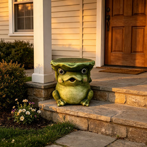 12'' Cute Frog Statue With Lotus Leaf Hat