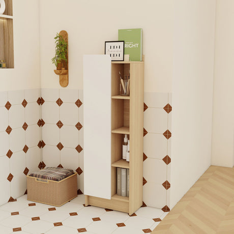 Tall Freestanding Bathroom Side Cabinet With Single Door & 4 Tier Open Shelves - Black / Light Oak / White