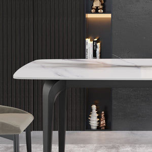 70.87" Modern Artificial Stone Curved Black Metal Leg Dining Table, Can Accommodate 6-8 People - White / Black