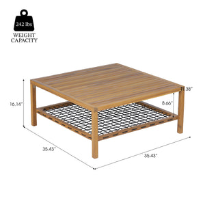 Outdoor Acacia Wood Coffee Table with Woven Rope Storage Shelf