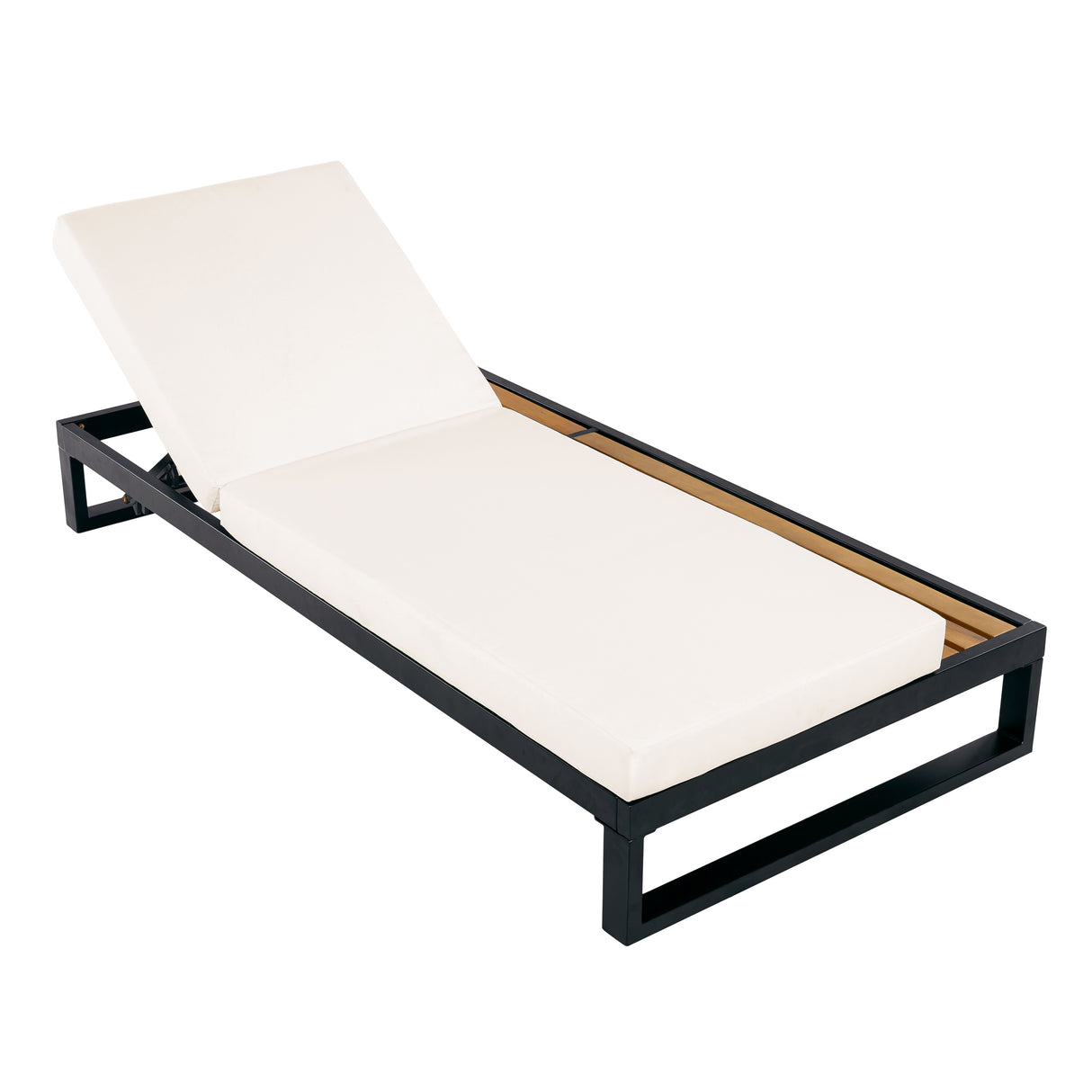 Black Iron & Teak Finish Chaise Lounge Set: 1 Frame + 1 2-Fold