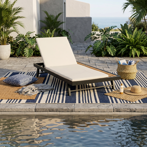 Black Iron and Teak Finish Outdoor Chaise Lounge Set