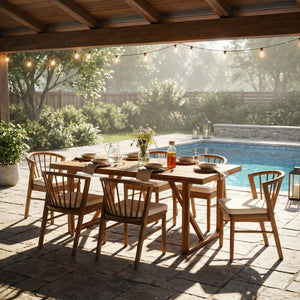 7 Pieces Acacia Wood Outdoor Dining Set with Cream Cushions