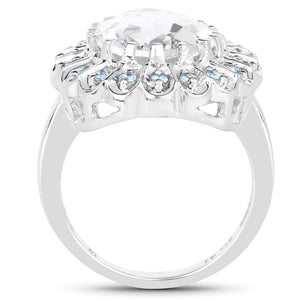 5.90 Carat Genuine Crystal Quartz and Swiss Blue Topaz .925 Sterling Silver Ring