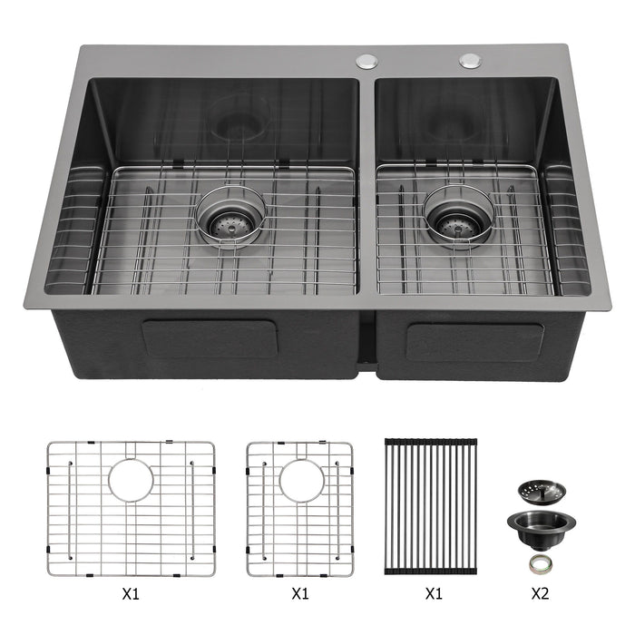 Double Bowl Kitchen Sink 16 Gauge with 2 10" Deep Basins - Gunmetal Black