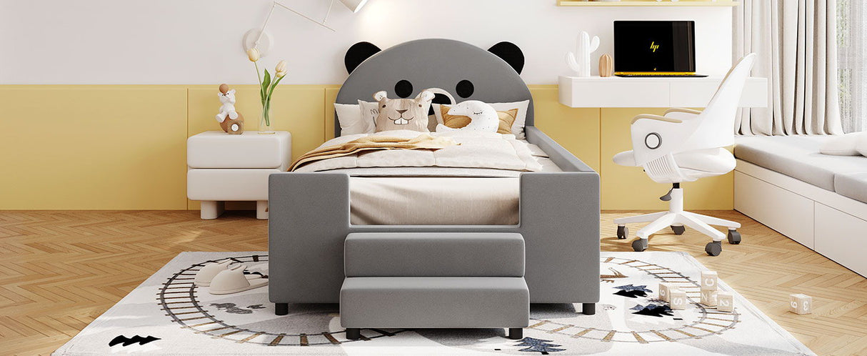Upholstered Daybed With Bear Shaped Headboard, Hydraulic System And Breathable Fence