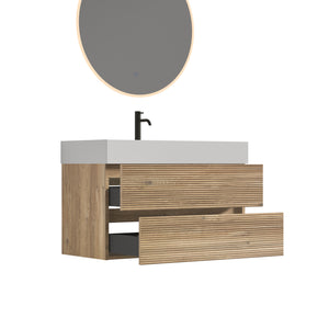 Grace 36-Inch Wall-Mounted Bathroom Vanity, Oak and White Solid Surface
