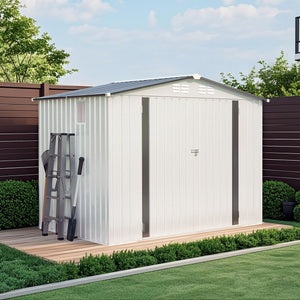 Outdoor Garden Storage Shed, Tool Shed With Pitched Roof Waterproof With 1 Window And 2 Lockable Door - White / Gray