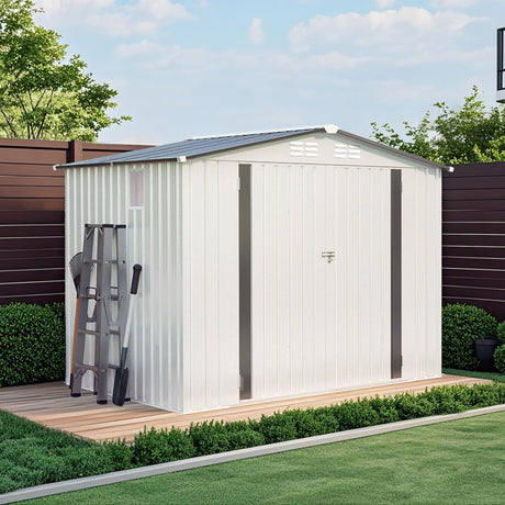 Outdoor Garden Storage Shed, Tool Shed With Pitched Roof Waterproof With 1 Window And 2 Lockable Door - White / Gray