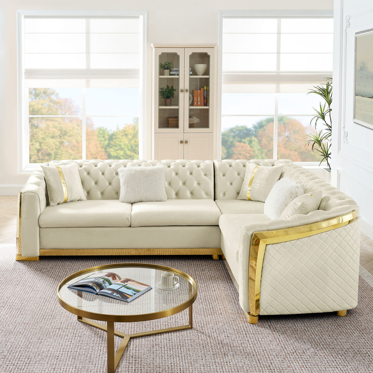 L Shaped Chesterfield Sectional Sofa With Stainless Steel Accents