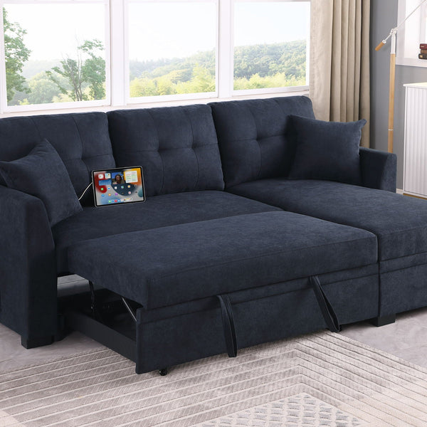 Sectional Sofa Bed L Shaped Sofa Couch Bed With USB Port, Reversible Chaise With Storage
