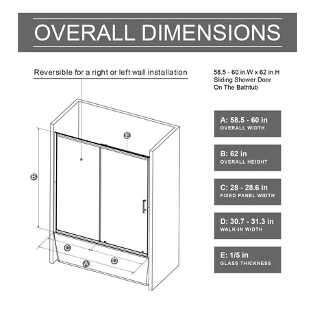 Sliding Shower Door For Bathtub - Matt Black