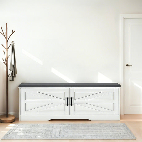 2 Tier Shoe Bench With Padded Seat, 2 Barn Doors And Adjustable Shelves, For Entryway And Living Room - White