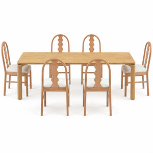 7-Piece Dining Table Set, 70" Solid Rubber Wood Dining Table with 6 Wave Back Dining Chairs