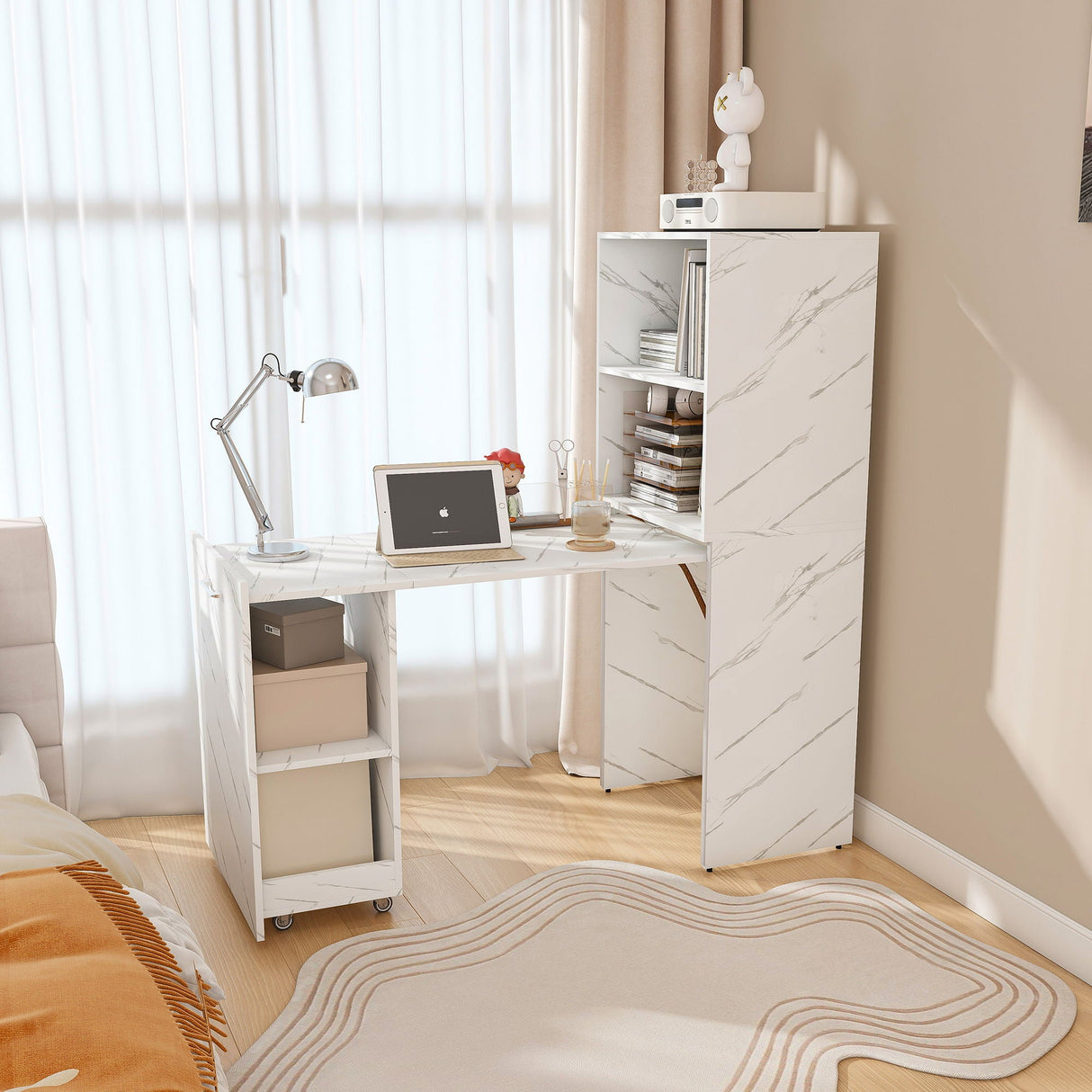 Stretchable Office Desk With Storage Shelves And Mobile Wheels, Foldable Design For Small Apartments - White Marble