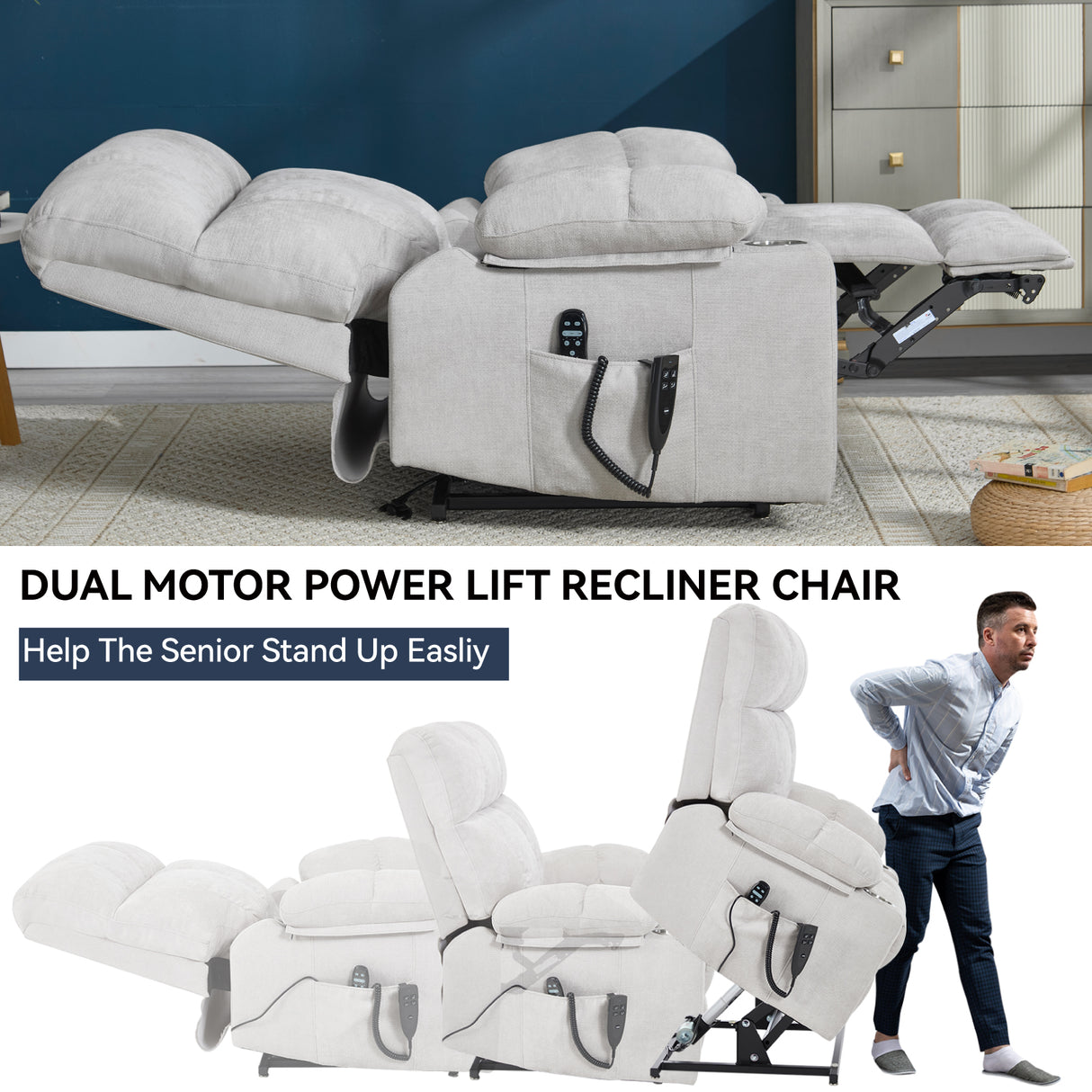 Beige Dual Motor Infinite Position Power Lift Recliner Chair