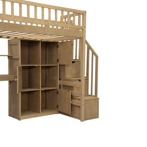 Loft Bed With Built In L Shaped Desk, LED Lights, Storage Shelves, Cabinets, And Staircase