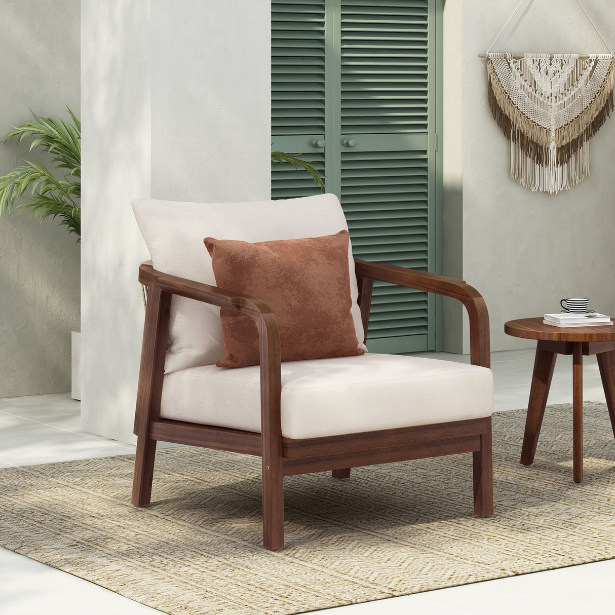Outdoor Lounge Chair With Woven Backrest, Solid Wood Frame, Comfortable Cushions - Best Buy Furniture