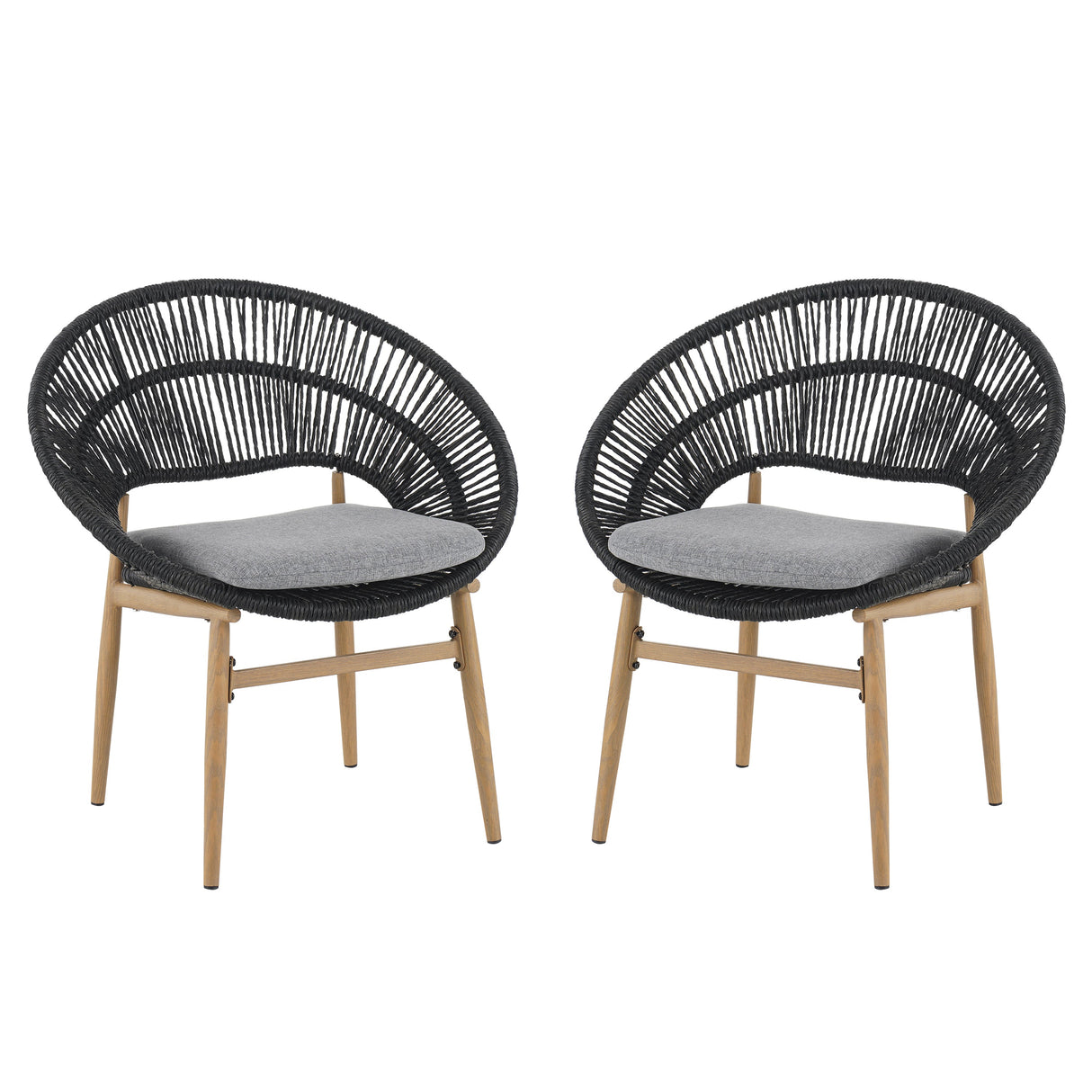 Cyril Outdoor Wicker Papasan Style Dining Chair with Teak Finished Leg and Dark Gray Faux Rattan - Set of 2