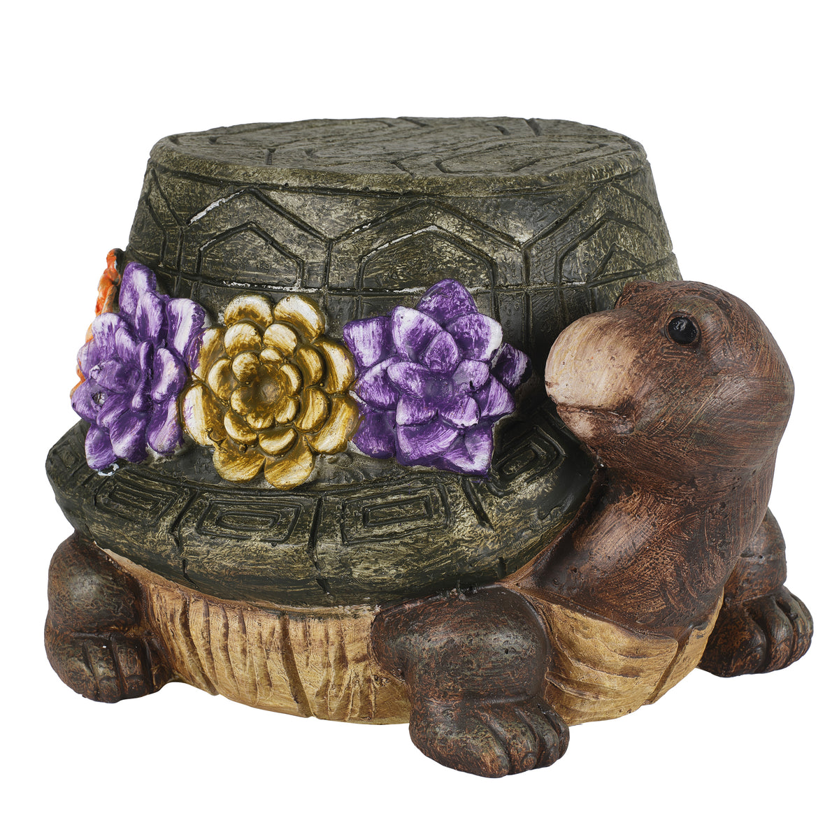 Turtle Garden Statue Outdoor Stool with Floral Detail - Multi-Color