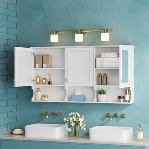 Wall-Mounted Mirror Medicine Cabinet With Adjustable Shelf And Open Shelves, Bathroom Storage Cabinet Over Toilet - White