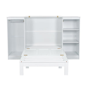 Twin Size Murphy Bed With Bedside Shelves And Wardrobe - White
