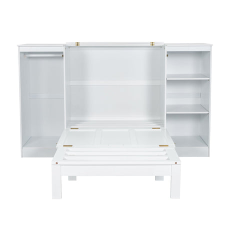 Twin Size Murphy Bed With Bedside Shelves And Wardrobe - White