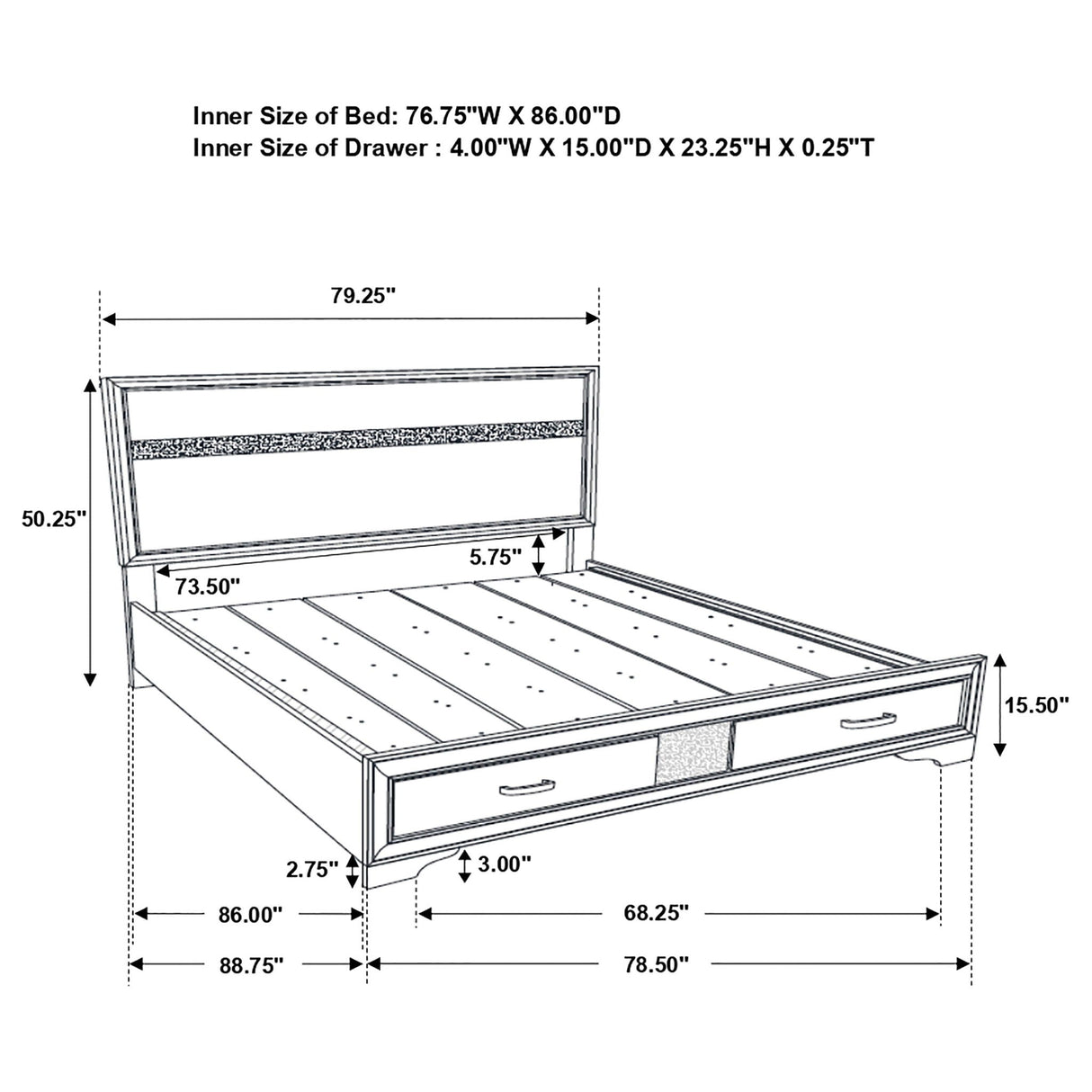 California King Storage Platform Bed With 2 Drawer - White