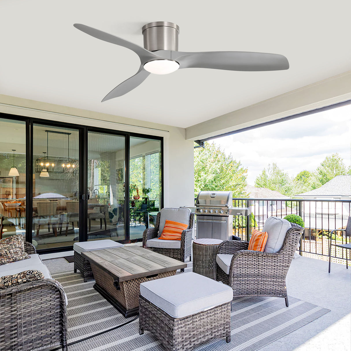 Flush Mount Ceiling Fan With Dimmable LED Light, 3 Blades, Reversible DC Motor Blades For Living Room