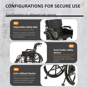 Heavy Duty Foldable Manual Wheelchair Double X Force Support With Adjustable Seat Belt Breathable Cushion & Anti Backflip Design 24" Tires For All Terrains 350 Lbs Capacity - Black / Silver