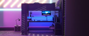 Wood Full Size Gaming Loft Bed with Desk, Multi-storage Shelves, LED and Charging Station