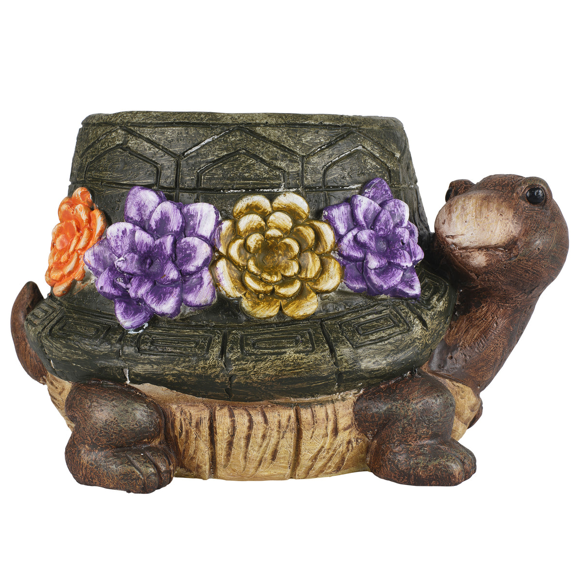 Turtle Garden Statue Outdoor Stool with Floral Detail - Multi-Color