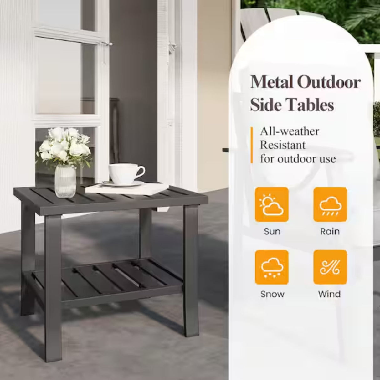 Square 2 Tier All-Weather Outdoor Side Table With Slatted Top