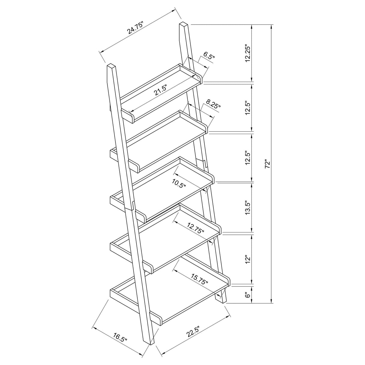 Ladder 5 Shelf Bookcase With Spacious Storage - Brown