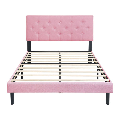 Modern Upholstered Platform Bed Frame With Button Tufted Fabric Headboard