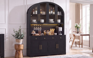 K&K 75.8" Tall Arched Kitchen Pantry Cabinet with LED & Charging Station