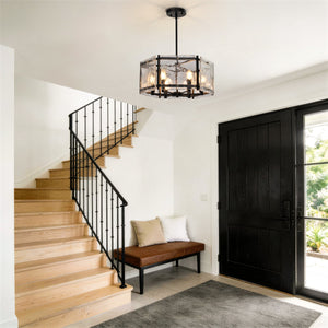 19.7-Inch 6-Light Dimmable Drum Chandelier, Black Glass and Metal