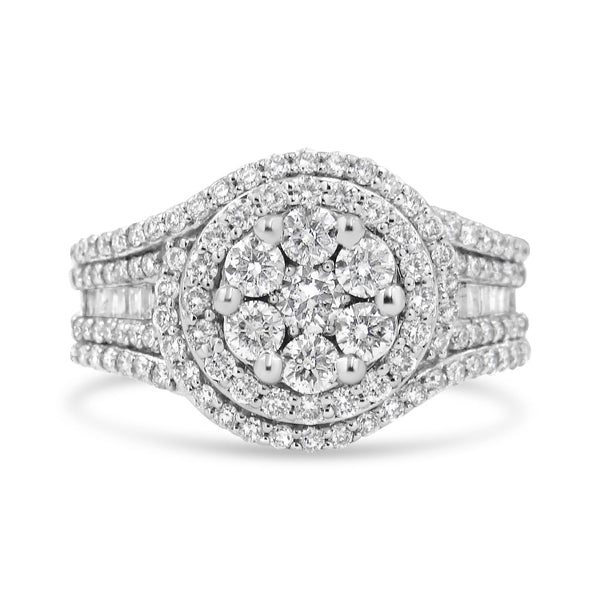 14K White Gold 1 1/2 Cttw Diamond Floral Cluster and Studded Shank Halo Ring (H-I Color, SI2-I1 Clarity) - Ring Size 7