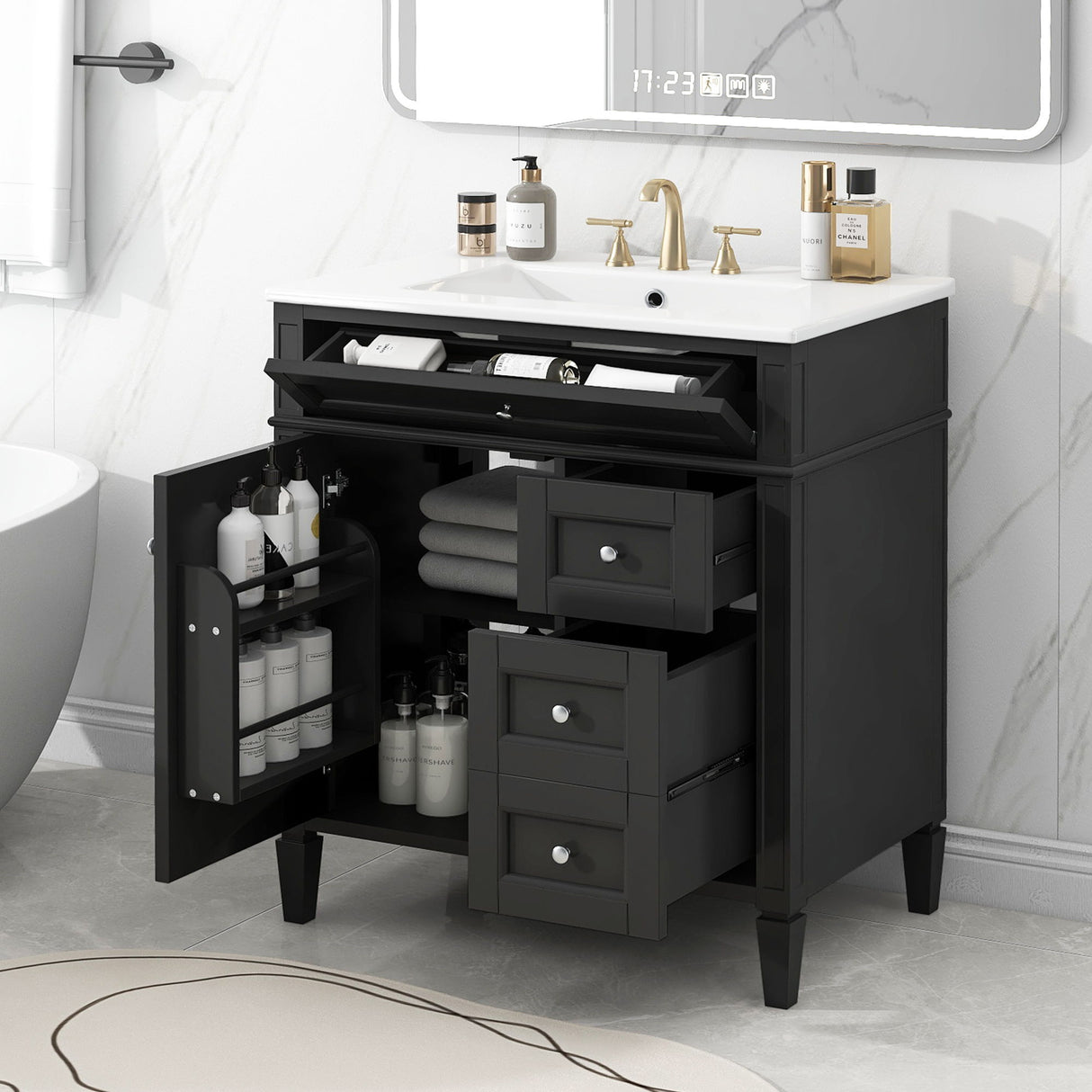 Bathroom Vanity With Top Sink, 2 Drawers & Tip Out Drawer