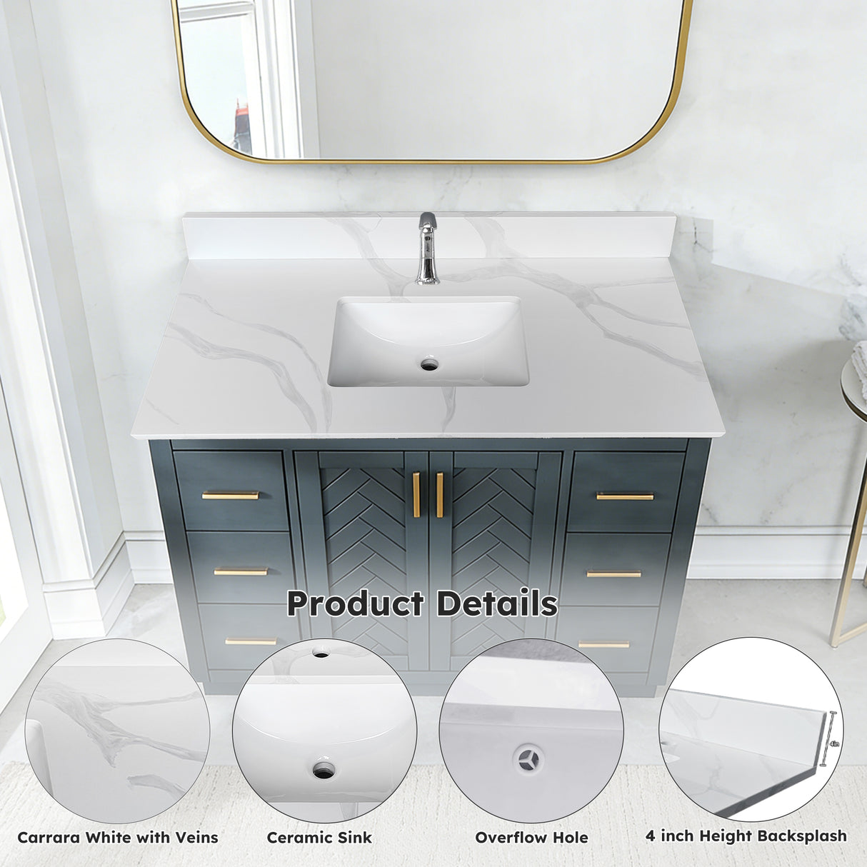 43-inch Quartz Bathroom Vanity Top with Undermount Single Bowl Sink