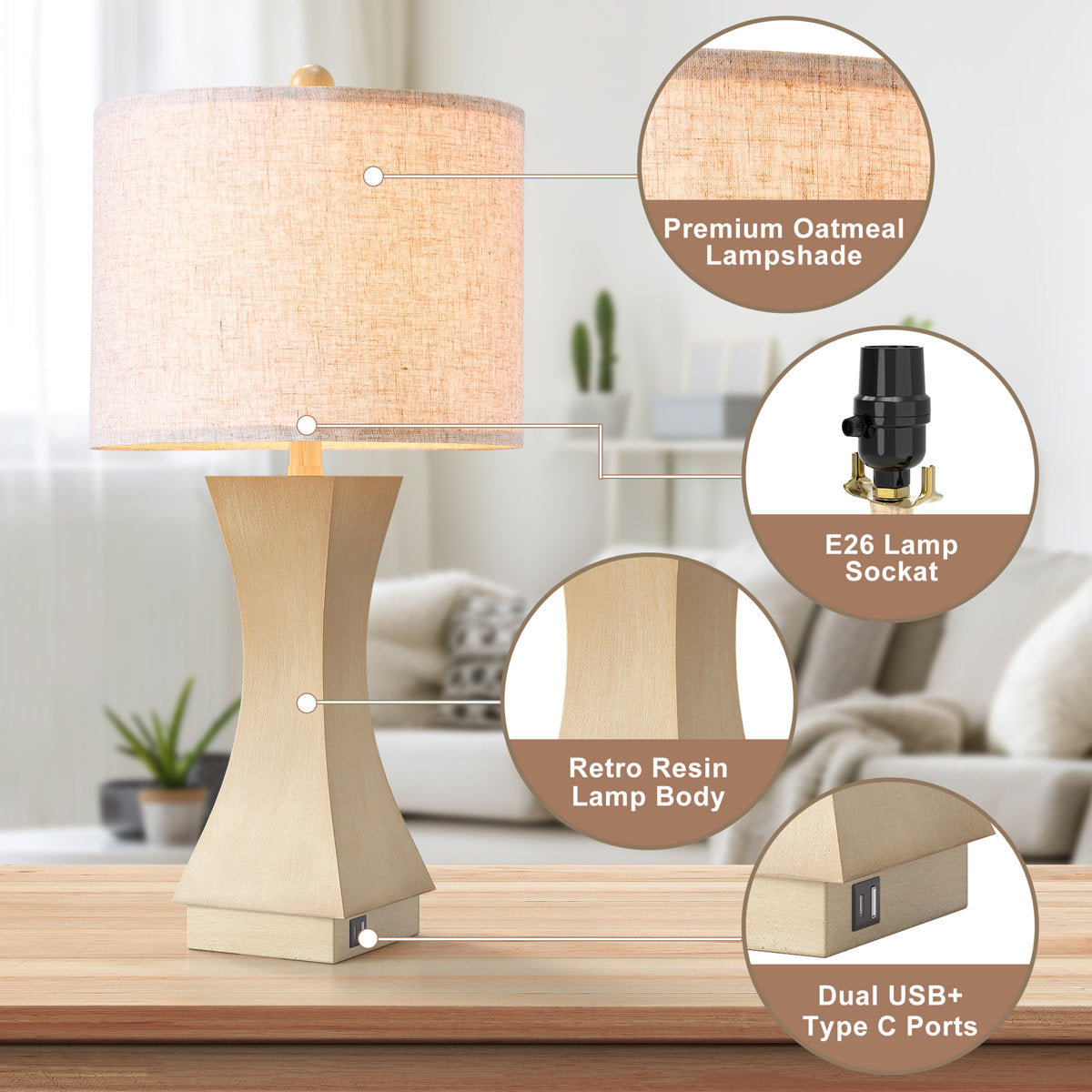 Modern Dimmable Resin Table Lamp with USB Port, 24.5-Inch, Beige, Set of 2