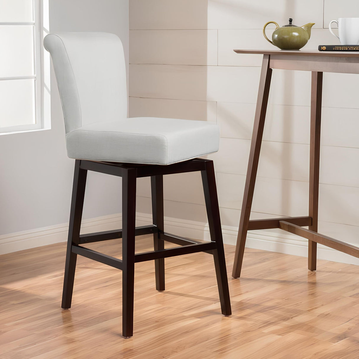Quicksilvered - Upholstered Swivel Counter Stool With Wood Legs - Beige - Best Buy Furniture