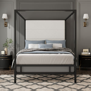 Canopy Bed With Tall Upholstered Headboard, 4 Poster Frame