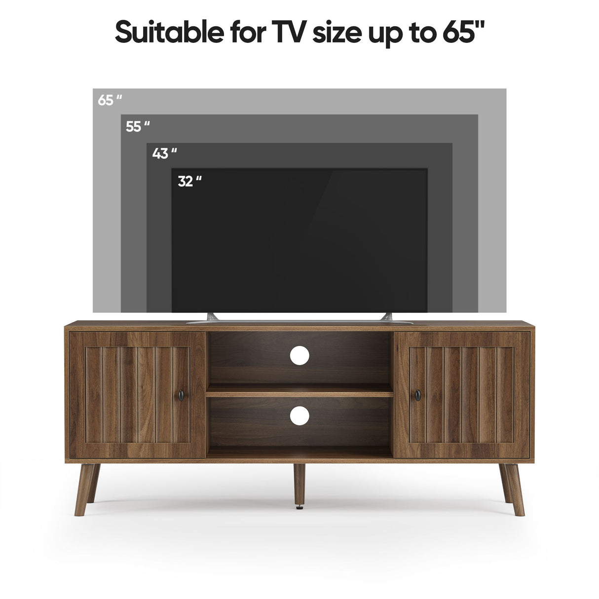 55" TV Cabinet With Vertical Groove Doors, Adjustable Shelves - Walnut