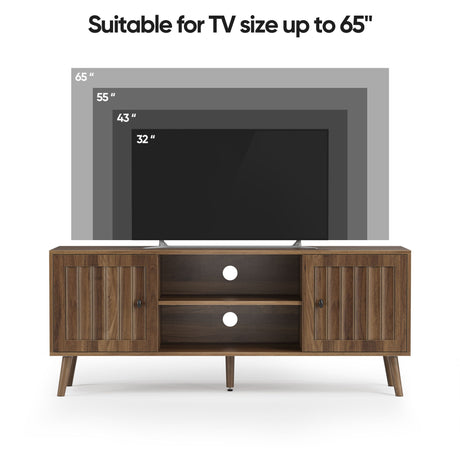 55" TV Cabinet With Vertical Groove Doors, Adjustable Shelves - Walnut