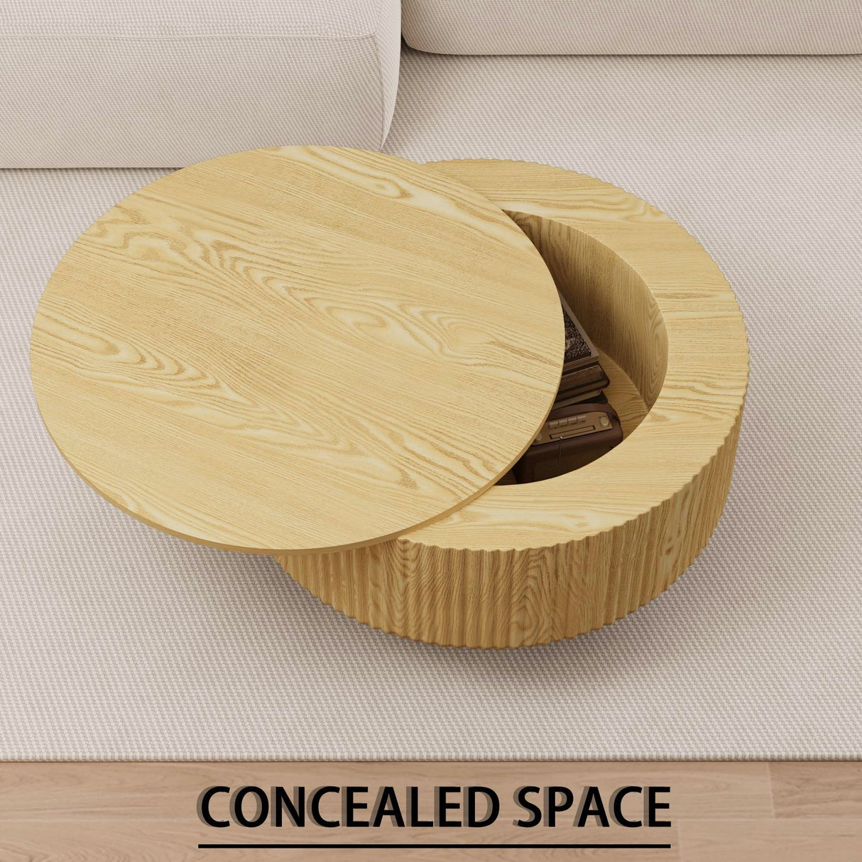 Round Coffee Table With 2 Dining Chairs Set, Ring Striped Design - Beige / Wood
