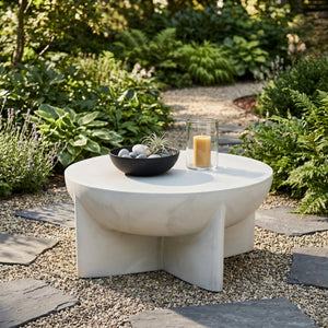 Matte White Round Coffee Table, Magnesium Oxide Sculptural Tripod Base