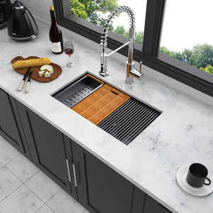 Workstation Kitchen Sink 30" X 18" X 10" Single Bowl Undermount 16 Gauge - Gunmetal Black