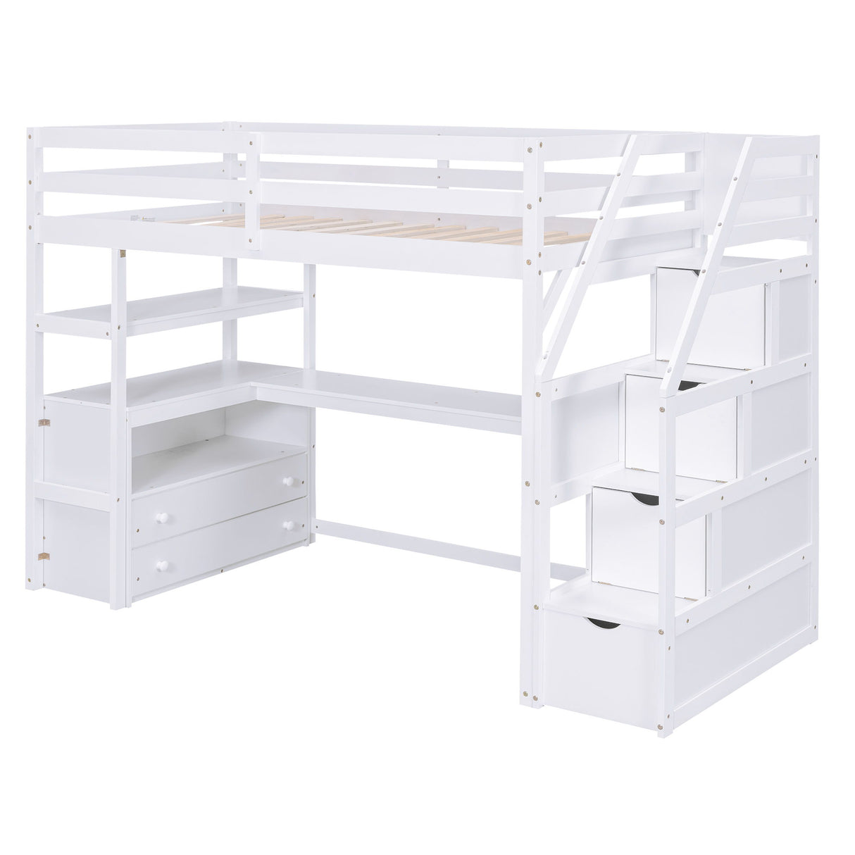 Loft Bed With Desk, Shelves, 2 Drawers, Storage Staircase