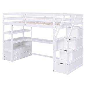 Loft Bed With Desk, Shelves, 2 Drawers, Storage Staircase